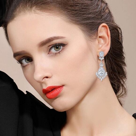 Silver with White Diamond Cubic Zirconia Vintage Style Chandelier Post Earrings - Picture 4 of 6